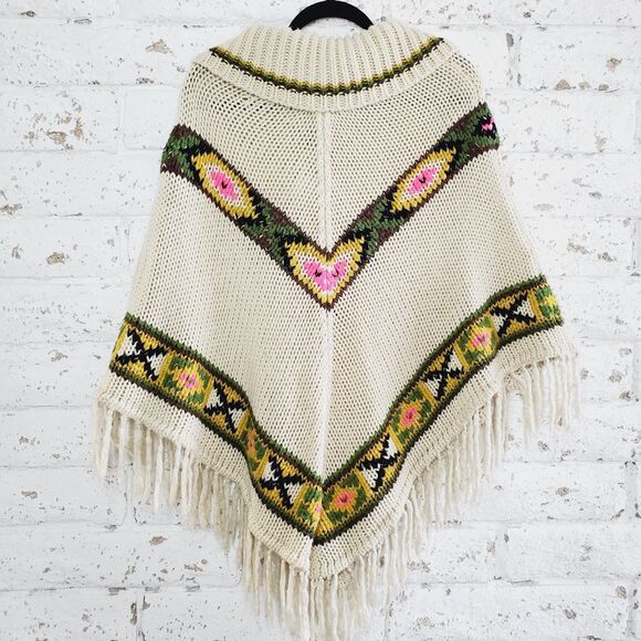 VTG Flamingo Womens Knit Poncho Aztec Fringe Sweater BOHO Indie Cape Free Size - Picture 2 of 8